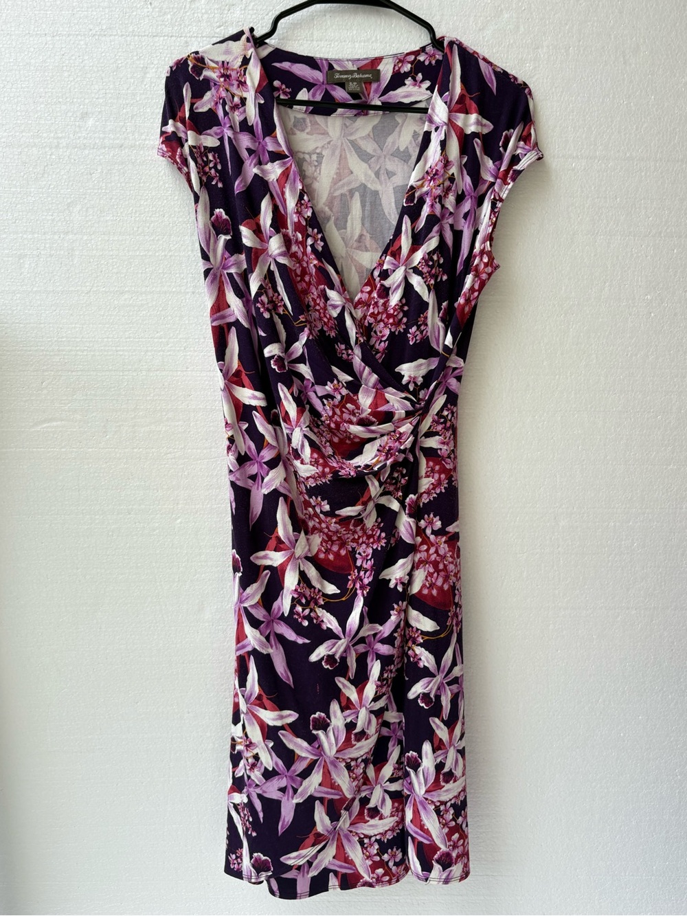 Tommy Bahama Floral Faux Wrap Dress Tropical Stretch Short Sleeve Purple